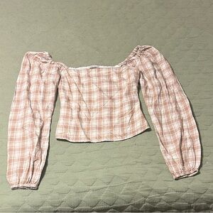 Abercrombie & Fitch Pink/Beige Plaid Off-Shoulder Blouse